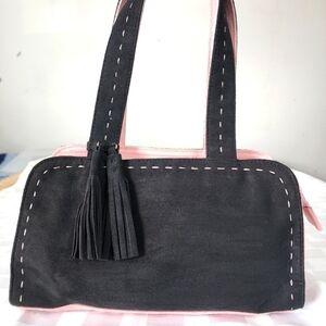 Murval Paris Pink & Black Double Handles Faux Suade Women's Shoulder Bag